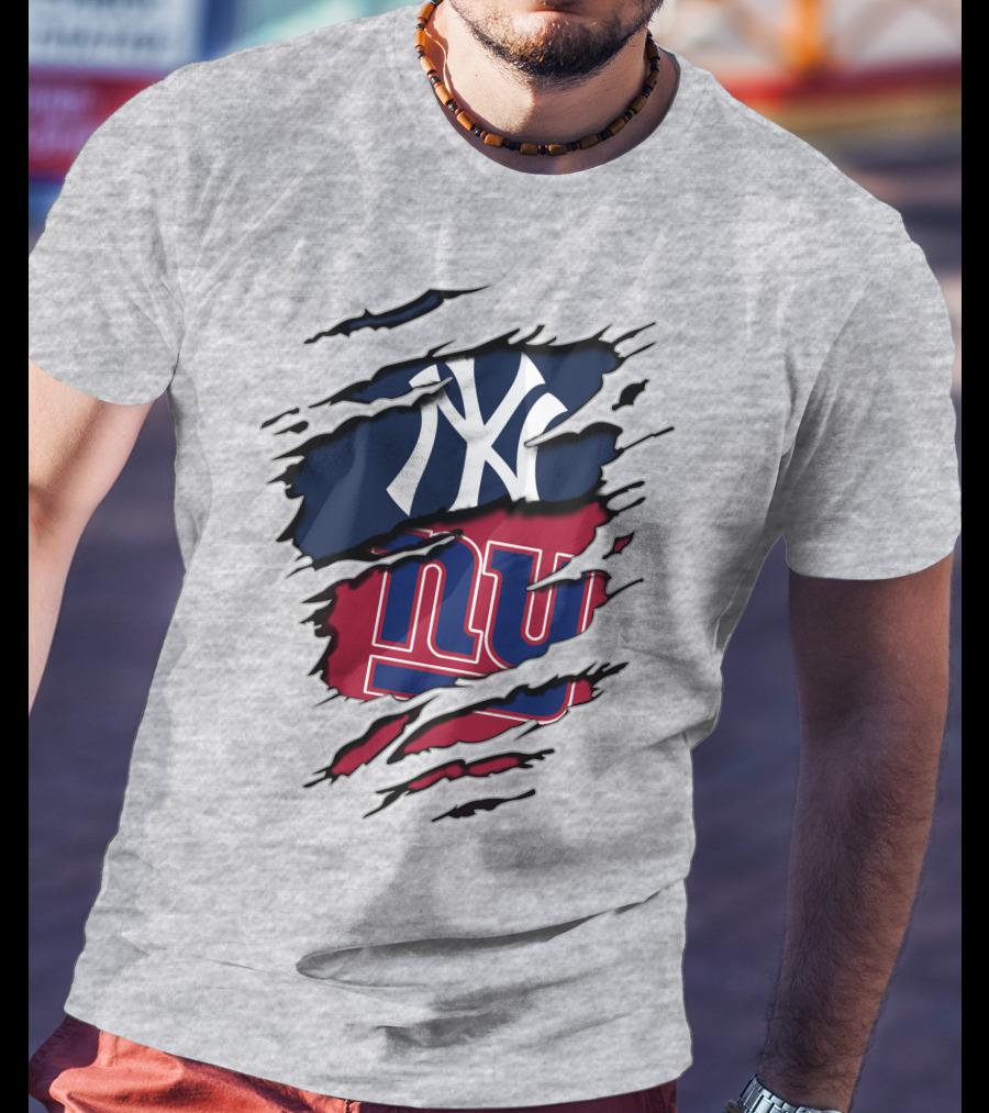 New York Yankees New York Giants Ripped Torn Combo T-Shirt