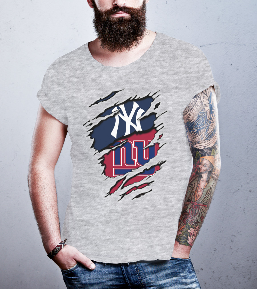 New York Yankees New York Giants Ripped Torn Combo T-Shirt