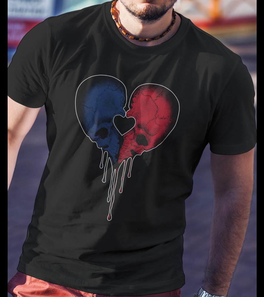 Split Red And Blue Skull Heart Dripping T-Shirt