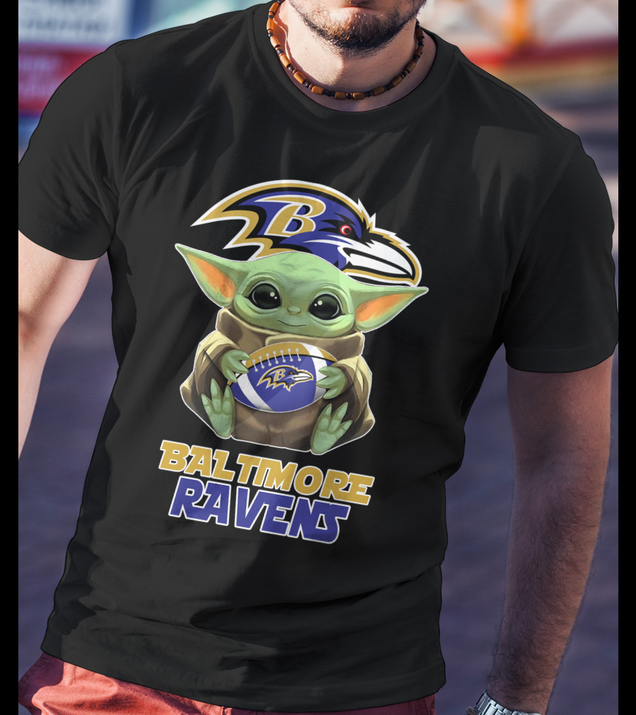 Baltimore Ravens Baby Yoda Holding Football T-Shirt