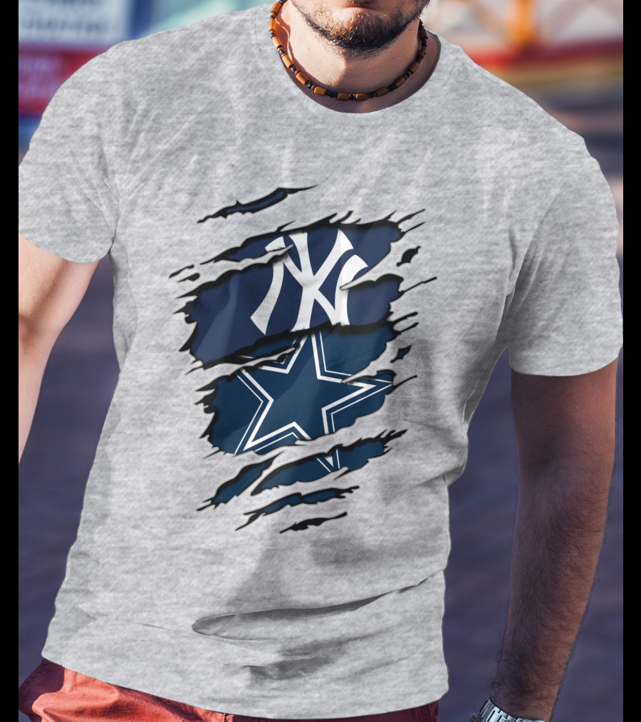 Cowboys Yankees Logo Mashup On Torn Background Gray T-Shirt