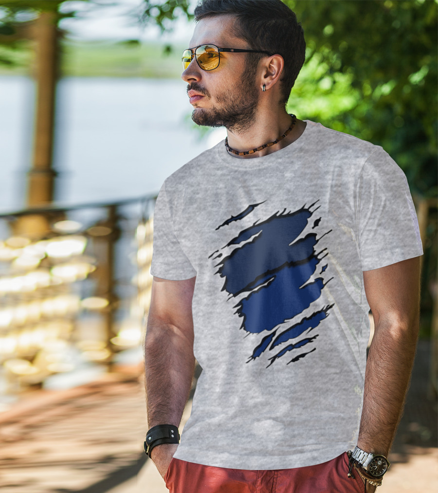 Cow Cub Tiger Stripes Blue Torn Look T-Shirt