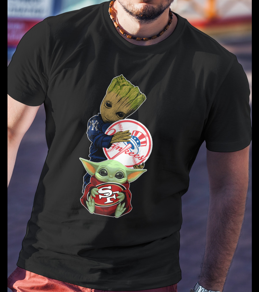 Groot Yankees Logo And Baby Yoda 49ers Sf Team Crossover T-Shirt