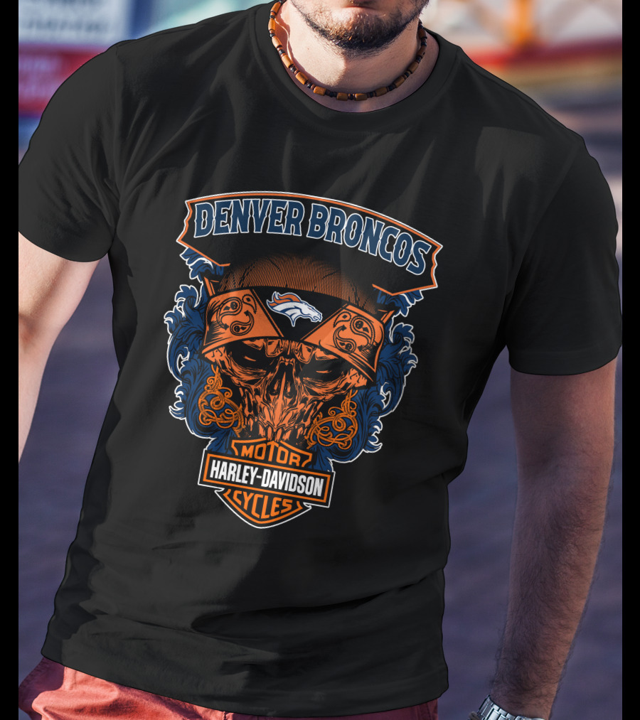 Denver Broncos Harley Davidson Motor Cycles Skull T-Shirt