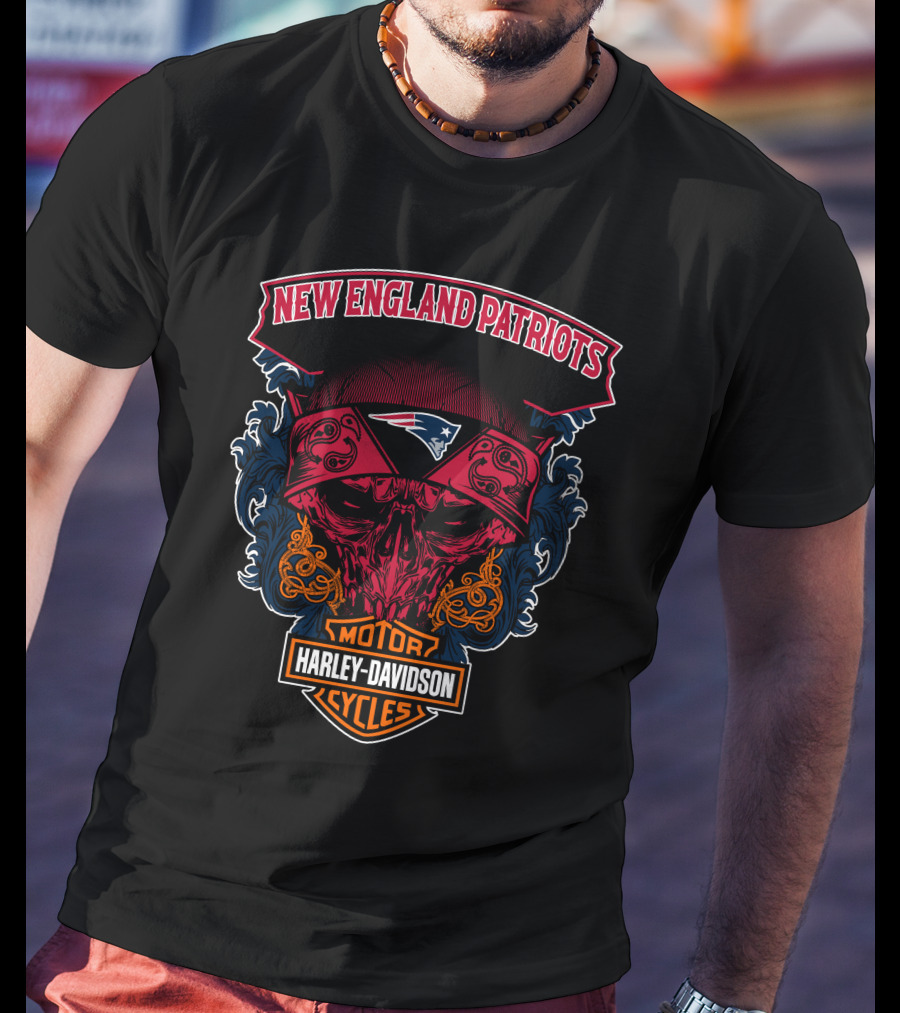 New England Patriots Skull Harley Davidson Motorcycles T-Shirt