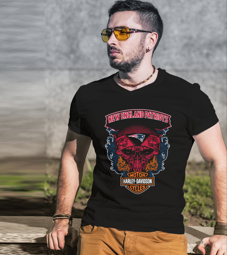 New England Patriots Skull Harley Davidson Motorcycles T-Shirt