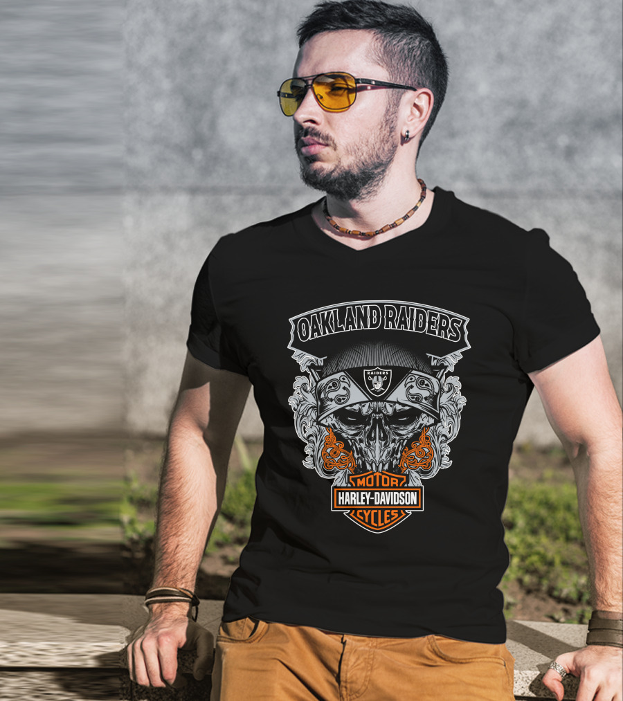 Oakland Raiders Harley Davidson Motorcycles Skull T-Shirt