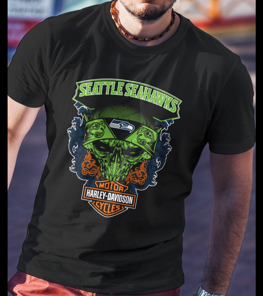 Seattle Seahawks Harley Davidson Skull Motor Cycles T-Shirt