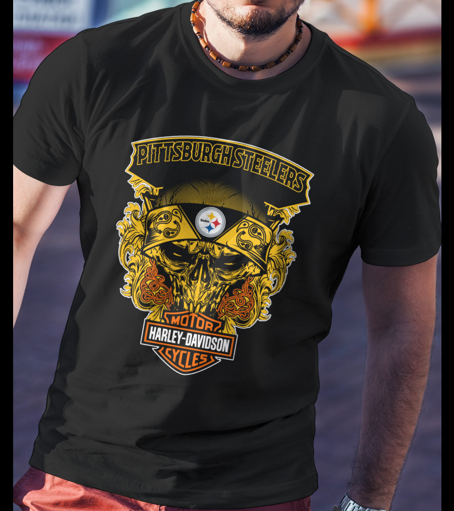 Pittsburgh Steelers Harley Davidson Motorcycles Skull T-Shirt