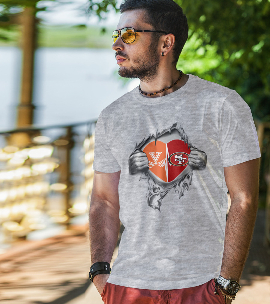 49Ers Cavaliers Heart With San Francisco And Virginia Logos Peeking Through Ripped Fabric T-Shirt