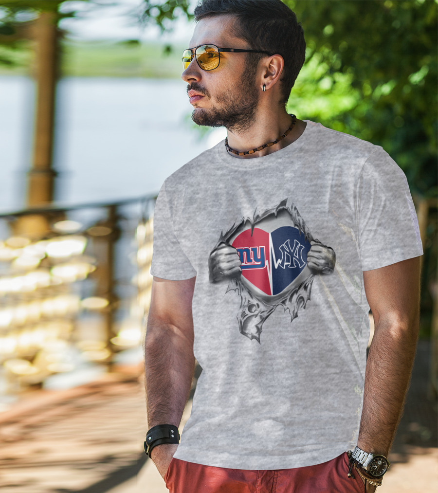 Ny Giants Ny Yankees Heartbeat Split Logo Tear T-Shirt