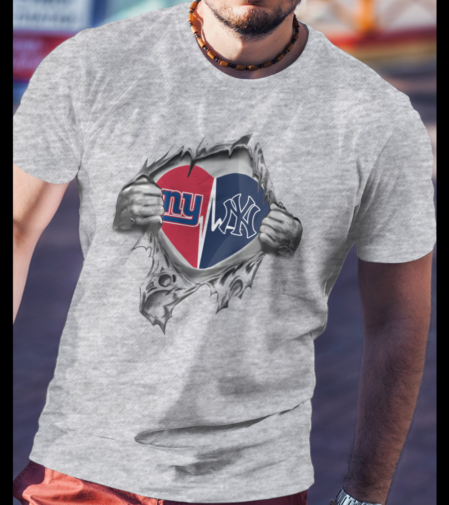 Ny Giants Ny Yankees Heartbeat Split Logo Tear T-Shirt