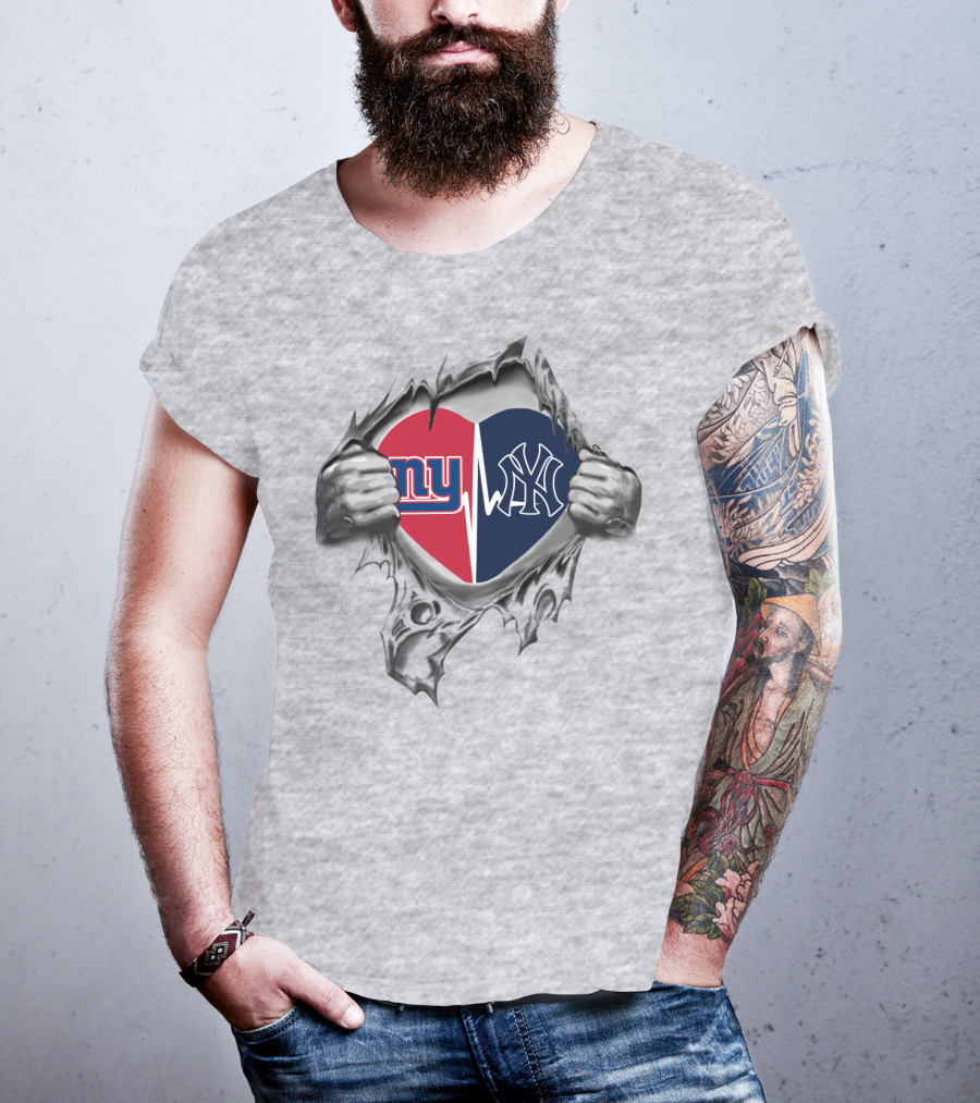 Ny Giants Ny Yankees Heartbeat Split Logo Tear T-Shirt