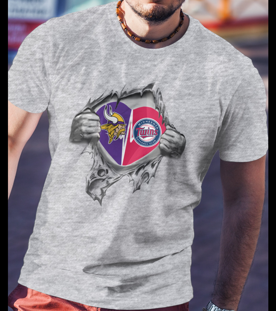 Vikings Twins Minnesota Baseball Football Heart Torn T-Shirt