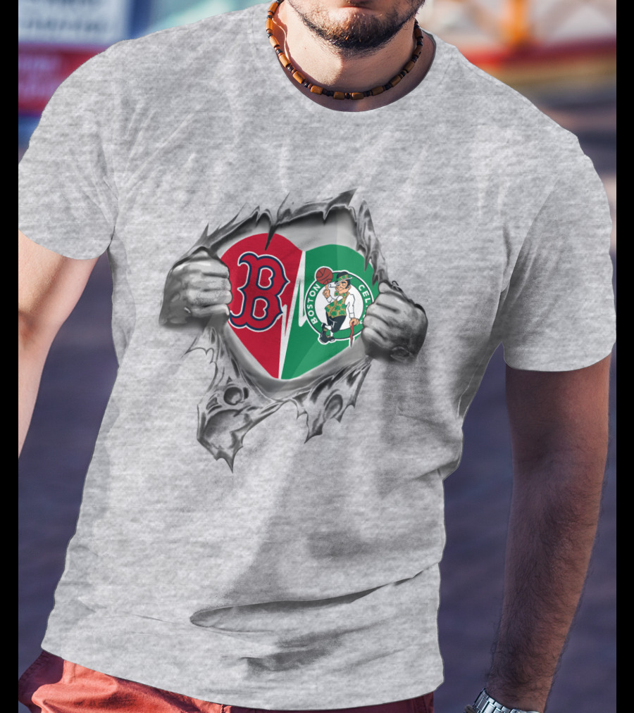 Red Sox Celtics Boston Pride Heart Torn Open Logo Fusion T-Shirt