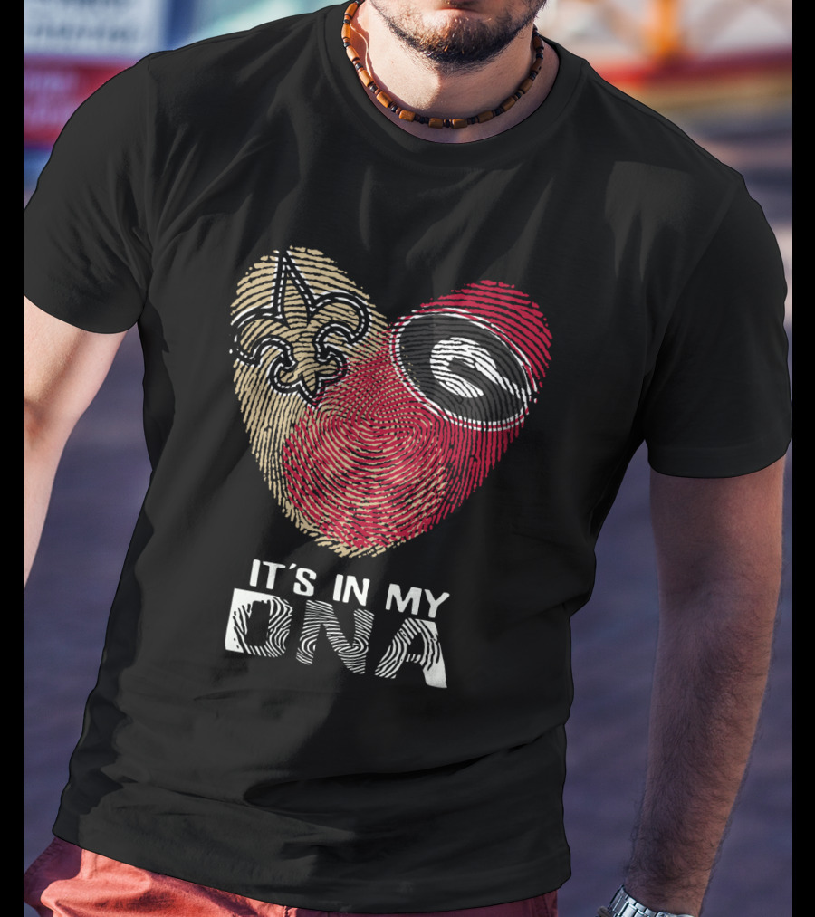 Saints Bulldogs It's In My DNA Fleur-de-Lis And Georgia Logo Fingerprint Heart T-Shirt