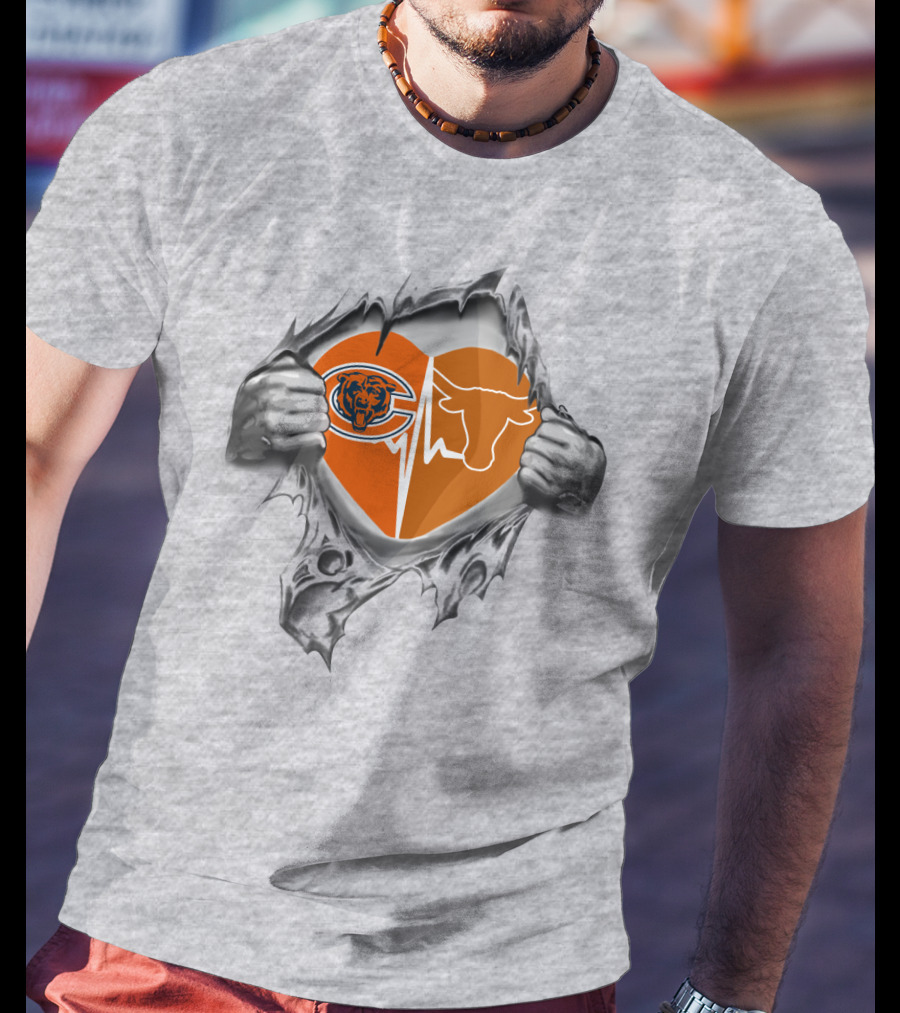 Bears Longhorn Heart With Team Logos Torn By Hands T-Shirt