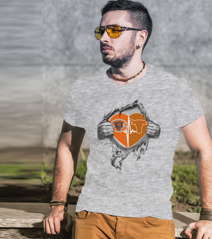 Bears Longhorn Heart With Team Logos Torn By Hands T-Shirt