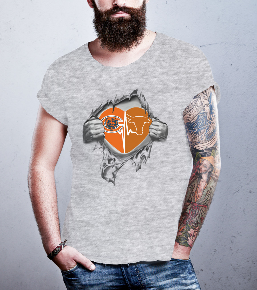 Bears Longhorn Heart With Team Logos Torn By Hands T-Shirt