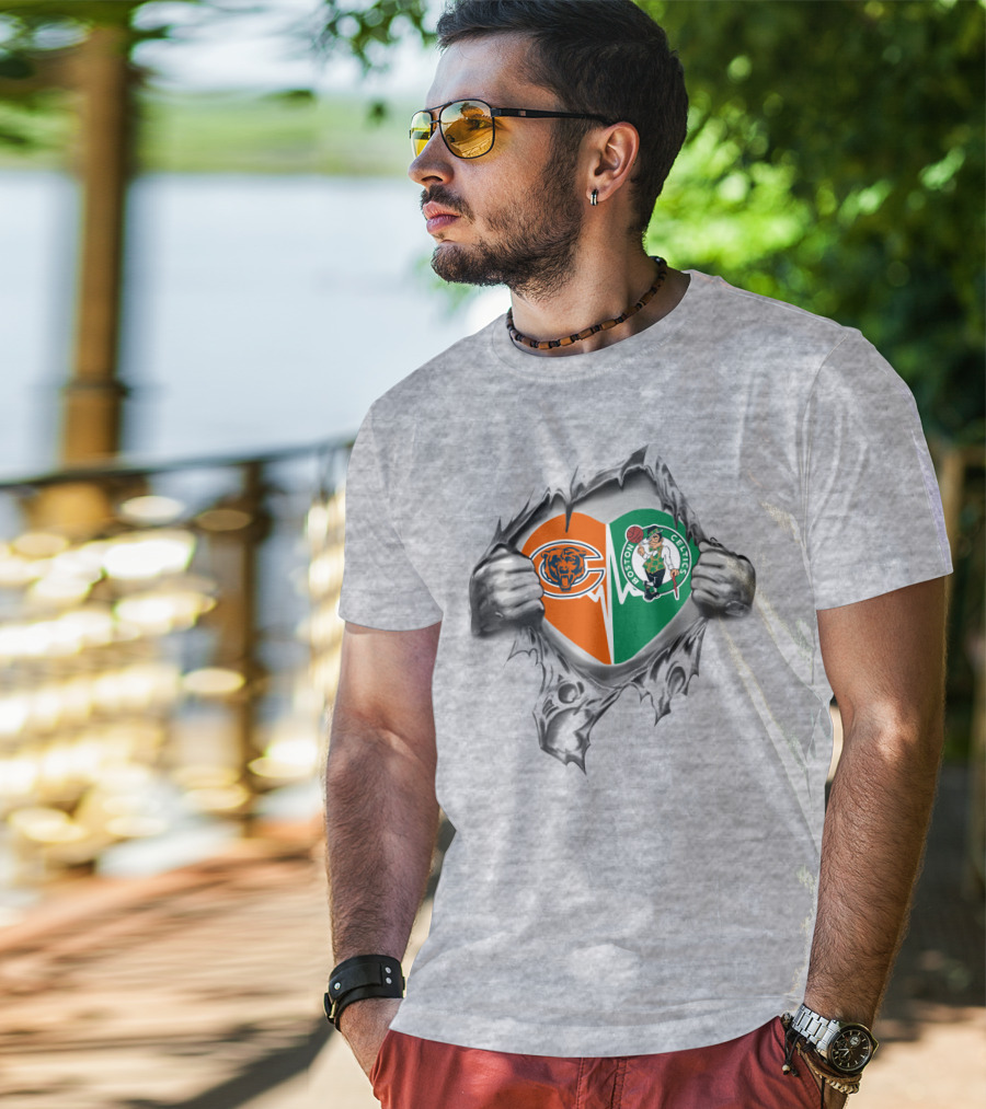 Bears Celtics Heart Logo With Hands Ripping Split Heart T-Shirt
