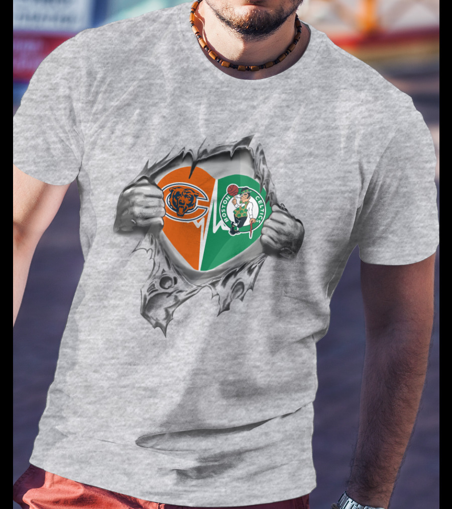 Bears Celtics Heart Logo With Hands Ripping Split Heart T-Shirt