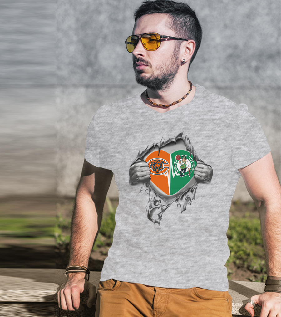 Bears Celtics Heart Logo With Hands Ripping Split Heart T-Shirt
