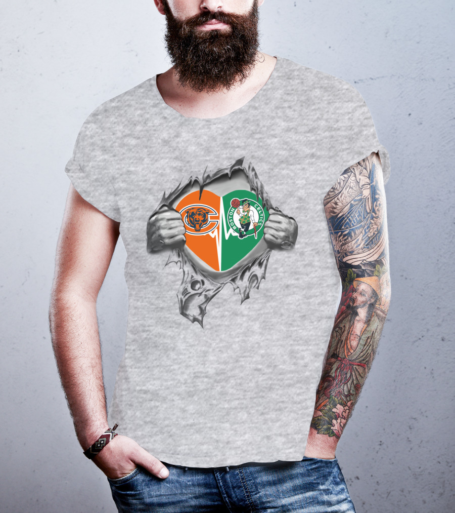 Bears Celtics Heart Logo With Hands Ripping Split Heart T-Shirt
