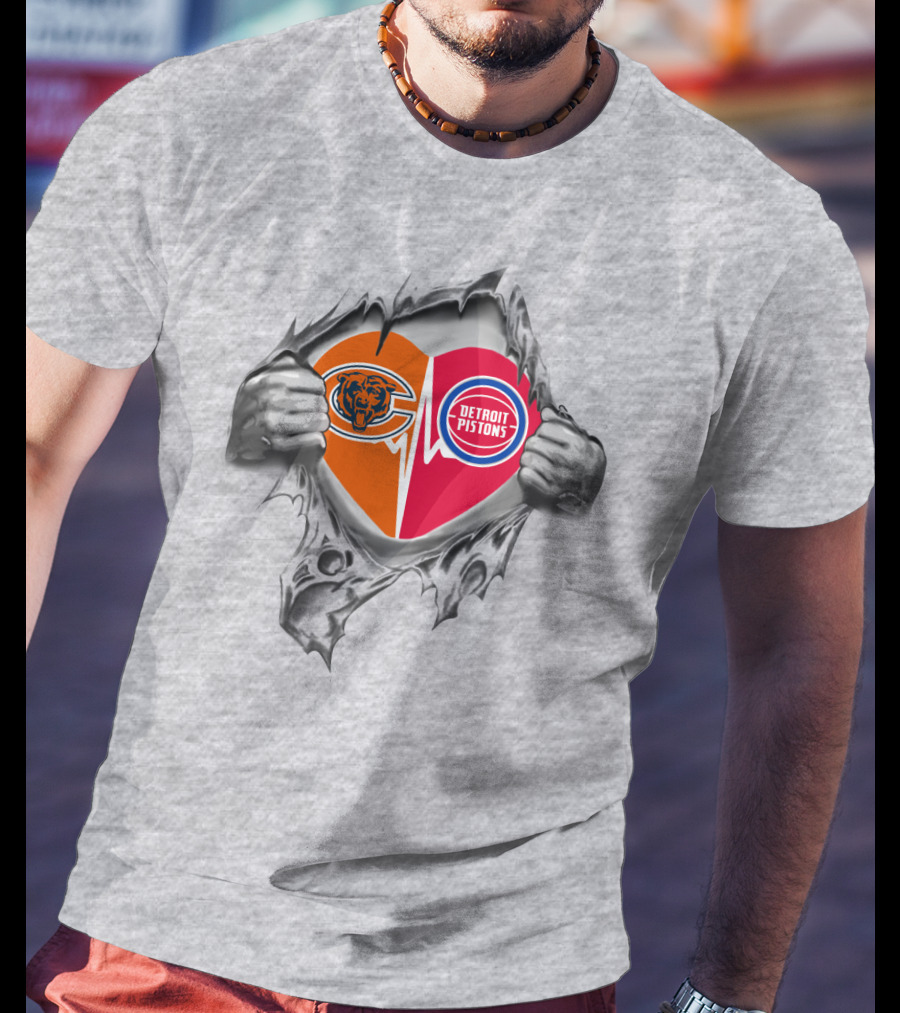 Chicago Bears Detroit Pistons Heart Logo Fusion T-Shirt