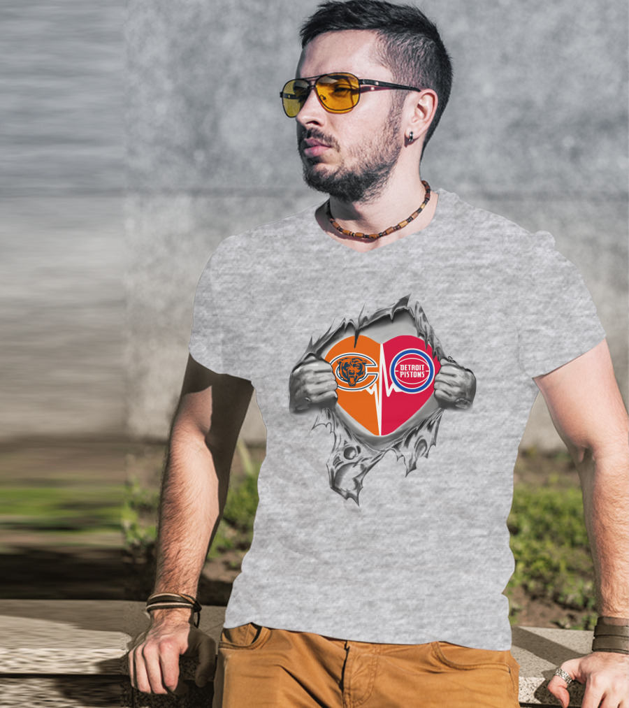 Chicago Bears Detroit Pistons Heart Logo Fusion T-Shirt