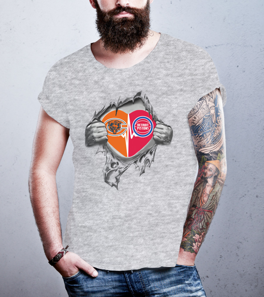 Chicago Bears Detroit Pistons Heart Logo Fusion T-Shirt