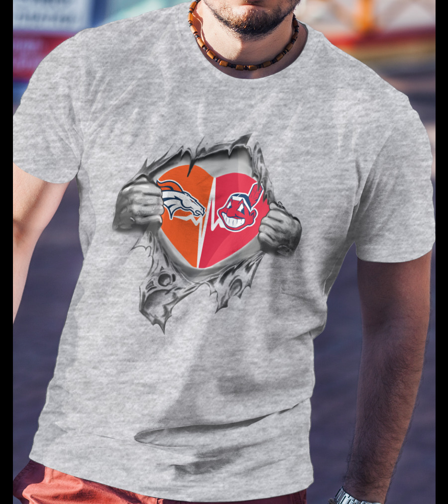 Broncos Indians Heart With Split Logo Elements T-Shirt