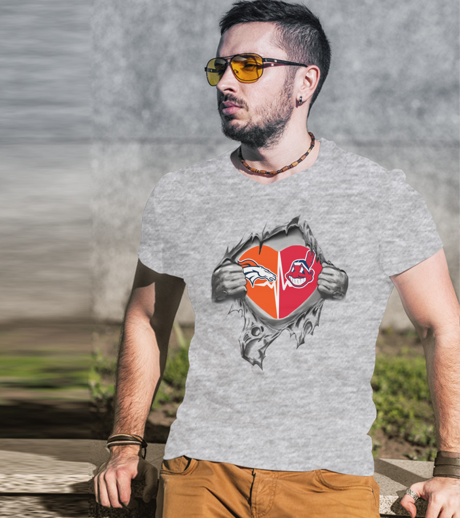 Broncos Indians Heart With Split Logo Elements T-Shirt