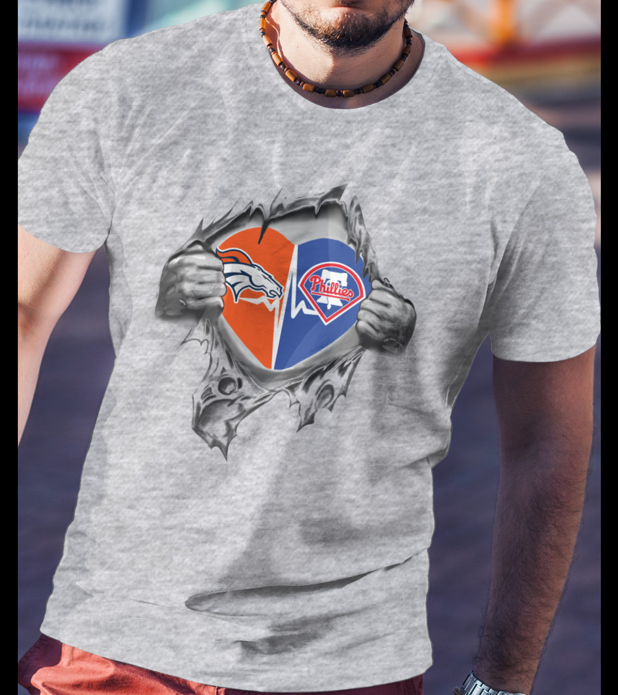 Broncos And Phillies Heart Torn Open By Hands Showing Logos T-Shirt