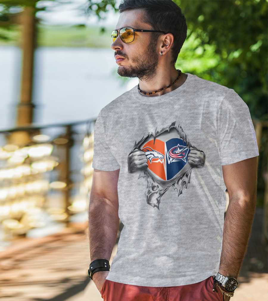 Broncos Columbus Blue Jackets Heart Inside Torn Tear T-Shirt