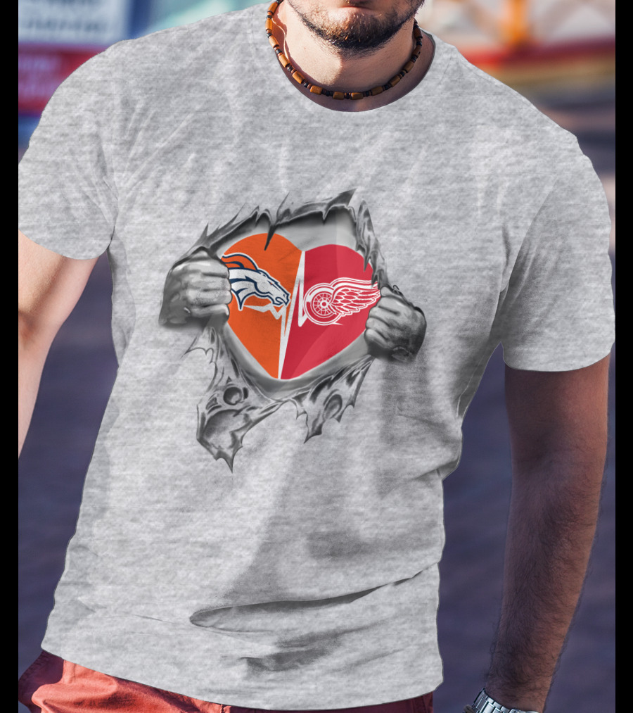 Broncos Red Wings Heart Graphic With Logos In Silver Hands T-Shirt