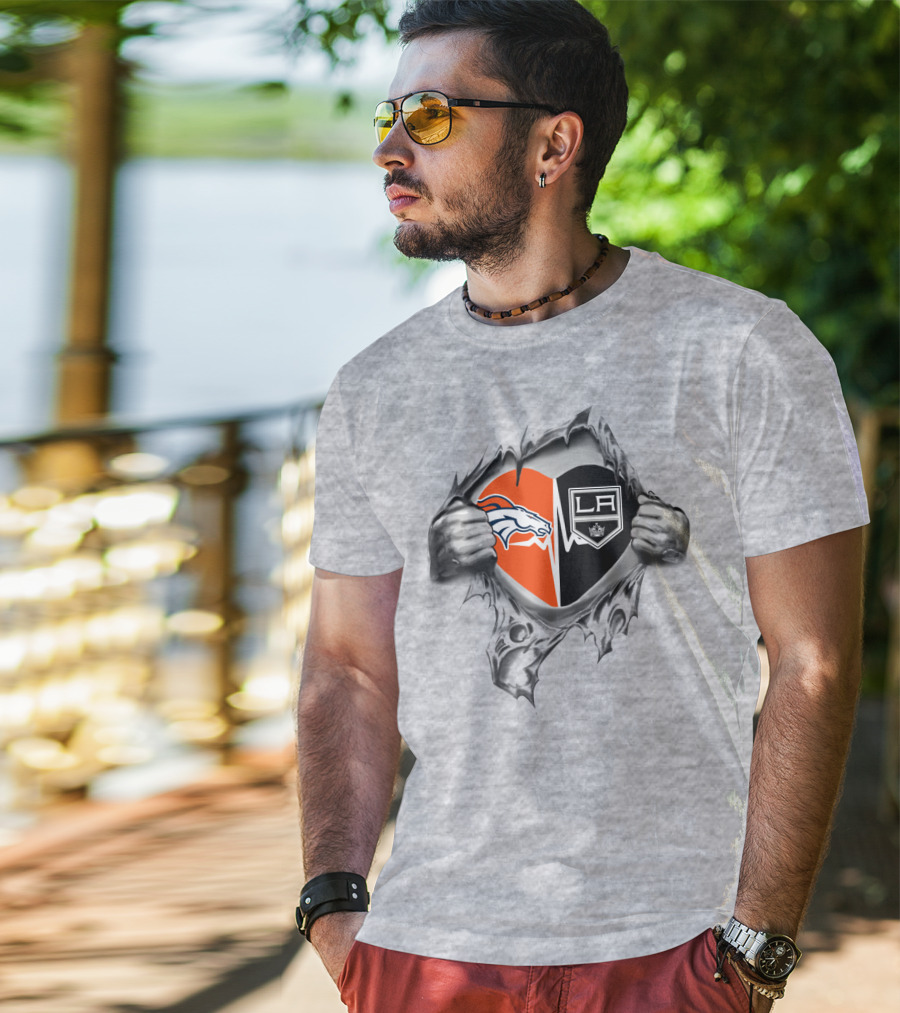 Broncos La Kings Heart Ripped Surface Peeking Through Logos T-Shirt