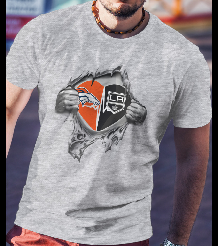 Broncos La Kings Heart Ripped Surface Peeking Through Logos T-Shirt