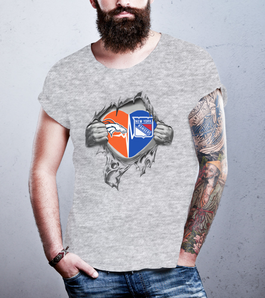 Broncos New York Rangers Heart Inside Tearing Through T-Shirt
