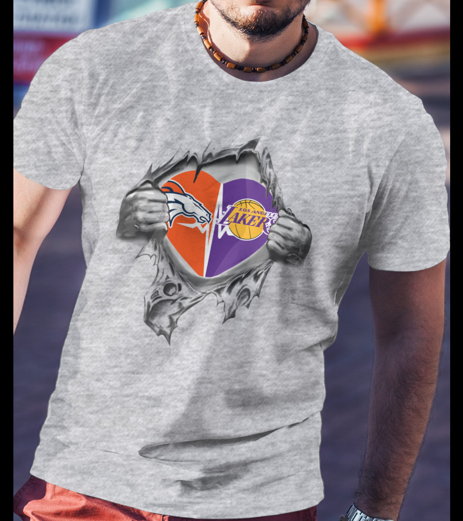 Broncos Lakers Heart With Iconic Logos And Hands Tearing Passionately T-Shirt