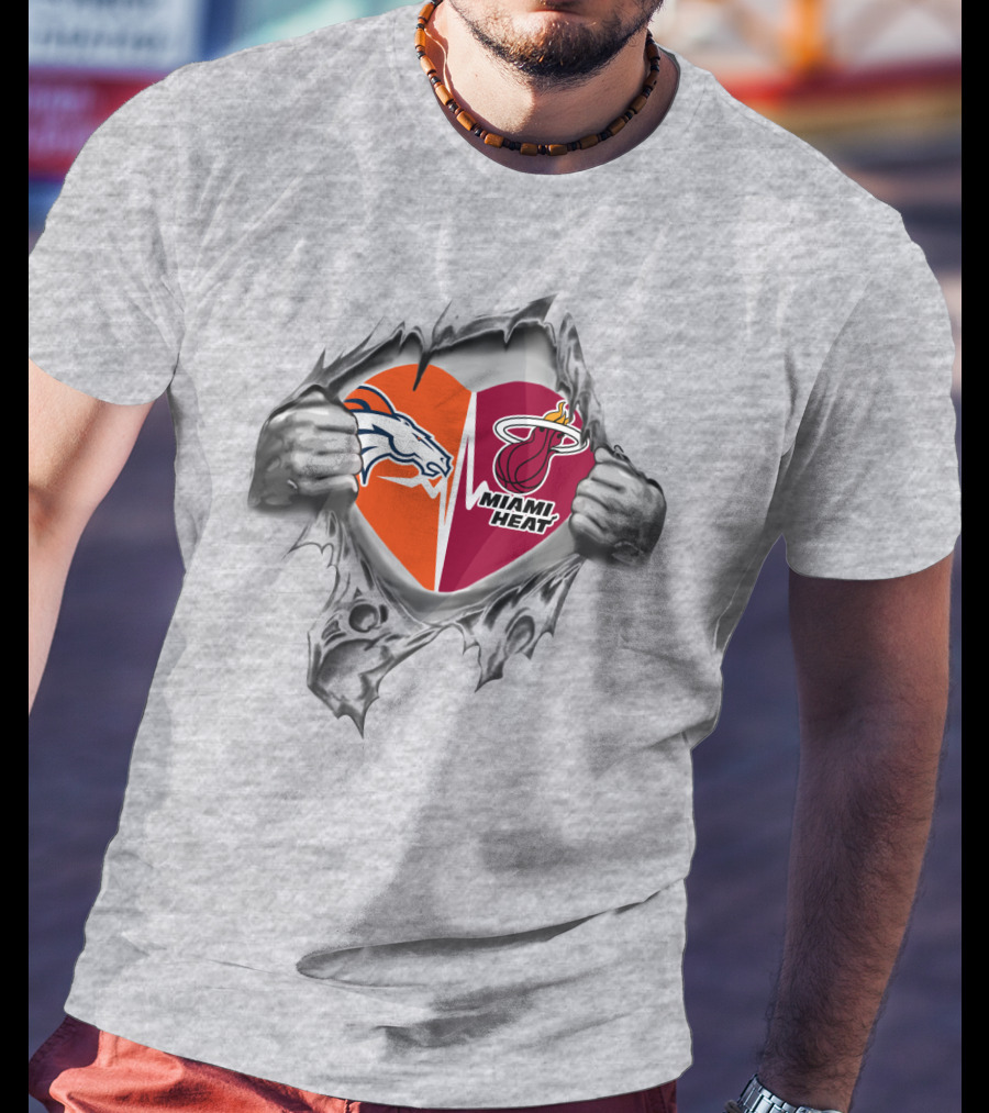Denver Broncos Miami Heat Heart Logos Unity T-Shirt