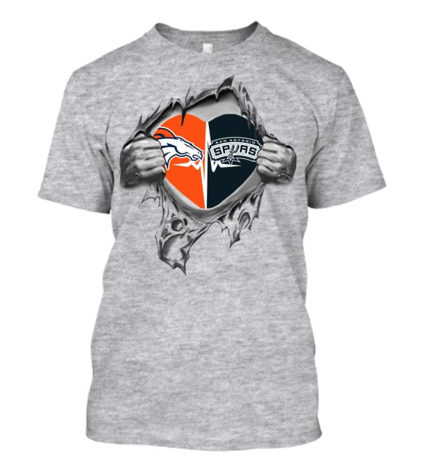 Broncos Spurs Heart Broncos Logo And Spurs Logo In Ripped Open Heart T-Shirt