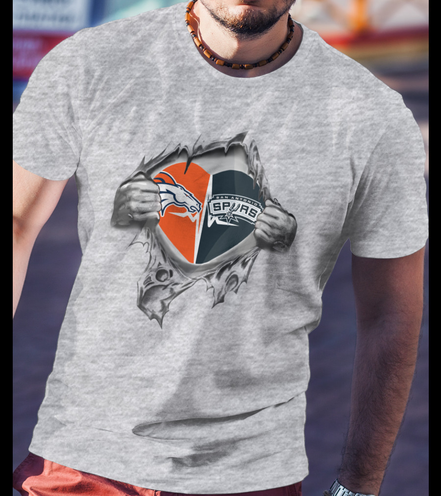 Broncos Spurs Heart Broncos Logo And Spurs Logo In Ripped Open Heart T-Shirt