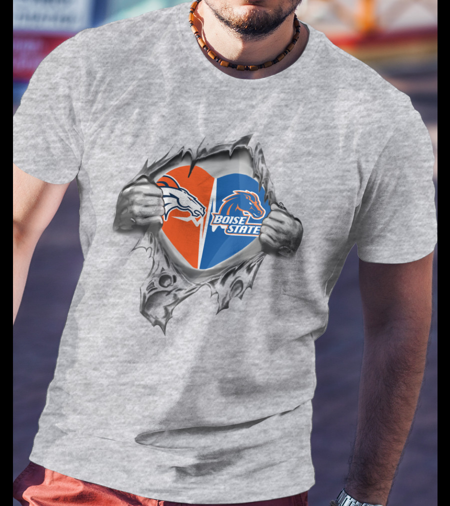Broncos Boise State Heart Torn Open Hands Logos T-Shirt