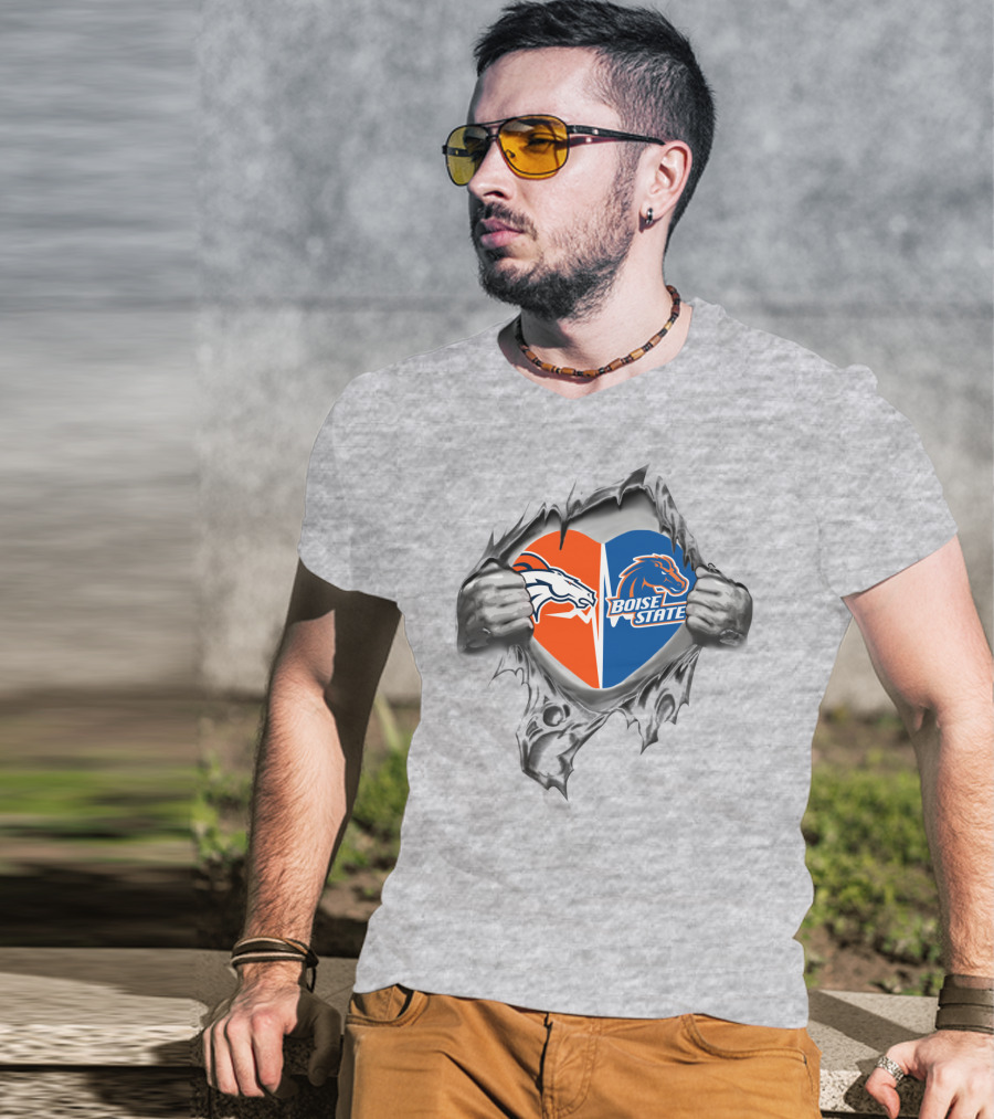Broncos Boise State Heart Torn Open Hands Logos T-Shirt