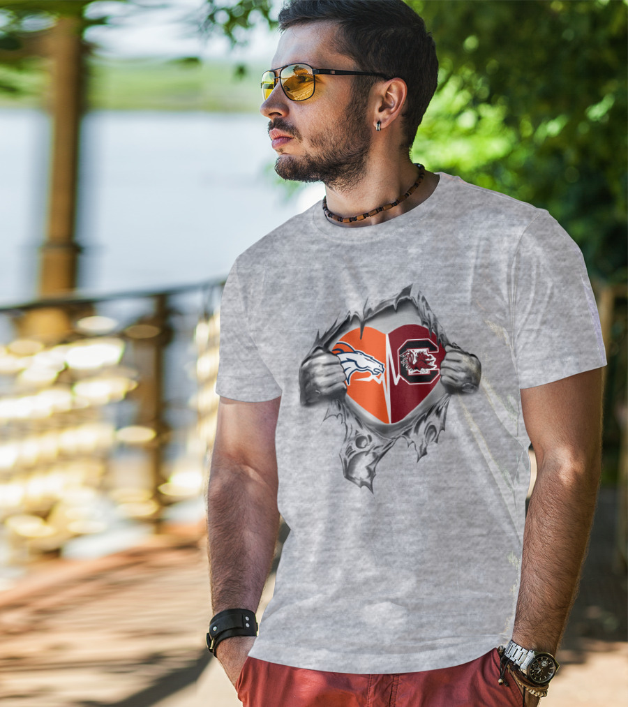 Broncos Gamecocks Heart Rip Logo Blend T-Shirt