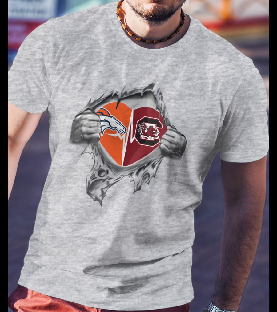 Broncos Gamecocks Heart Rip Logo Blend T-Shirt