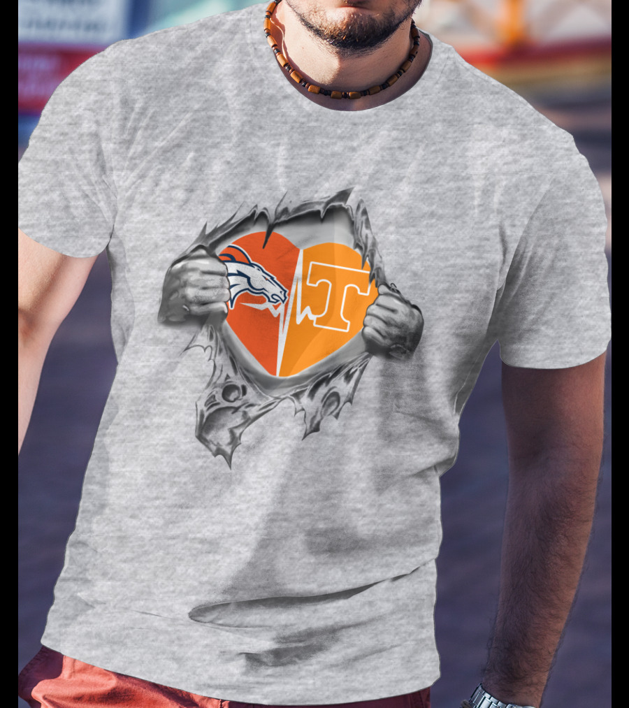 Broncos Horse Tennessee T Heart Logo Split With Hands And Rip Effect T-Shirt