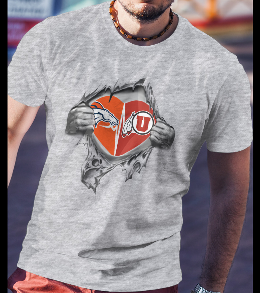 Broncos Utah Split Heart Skeleton Hands Pullover Football Fan T-Shirt