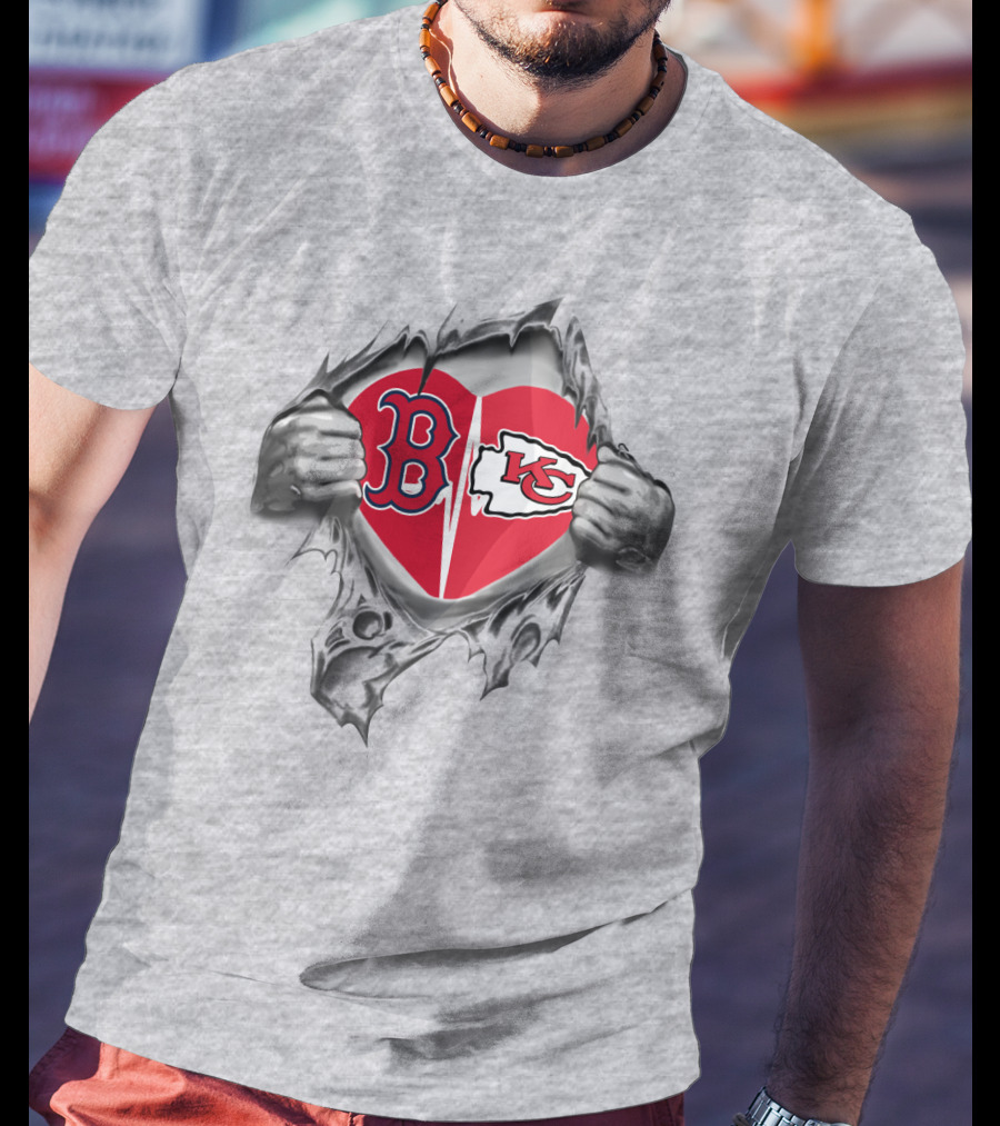 Red Sox And Chiefs Heart Torn Open With B And Kc Logos T-Shirt