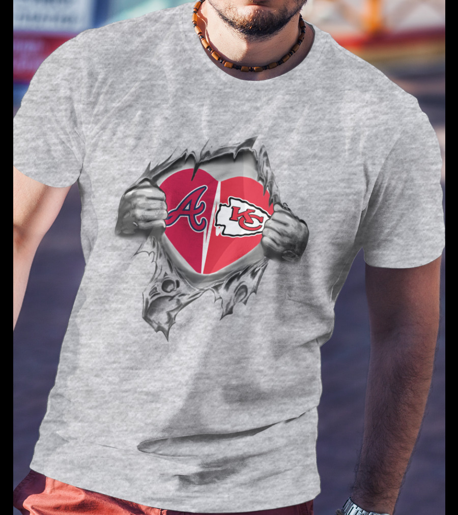 Braves Chiefs Heart Logos Through Torn Fabric T-Shirt